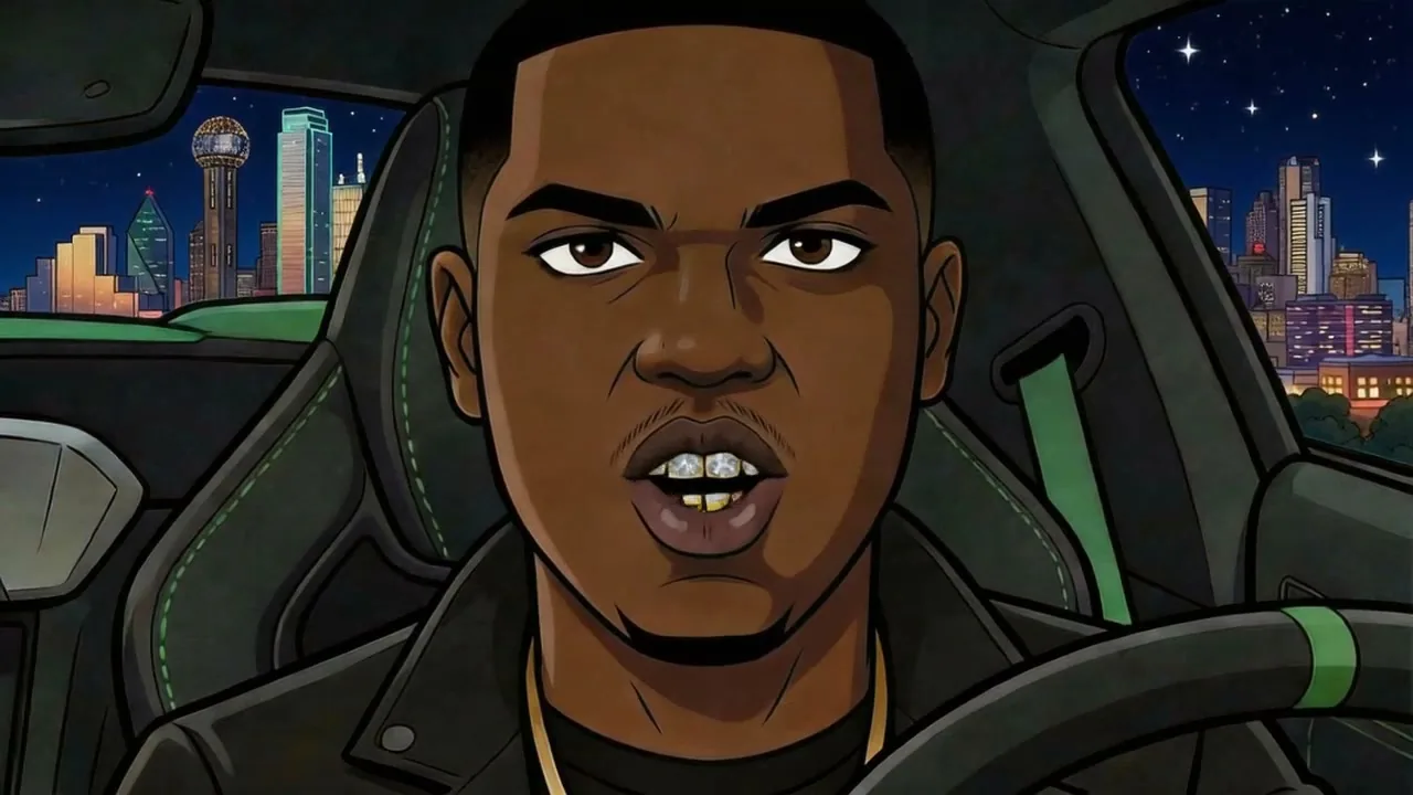 Animated BlakBokz character driving through Dallas at night