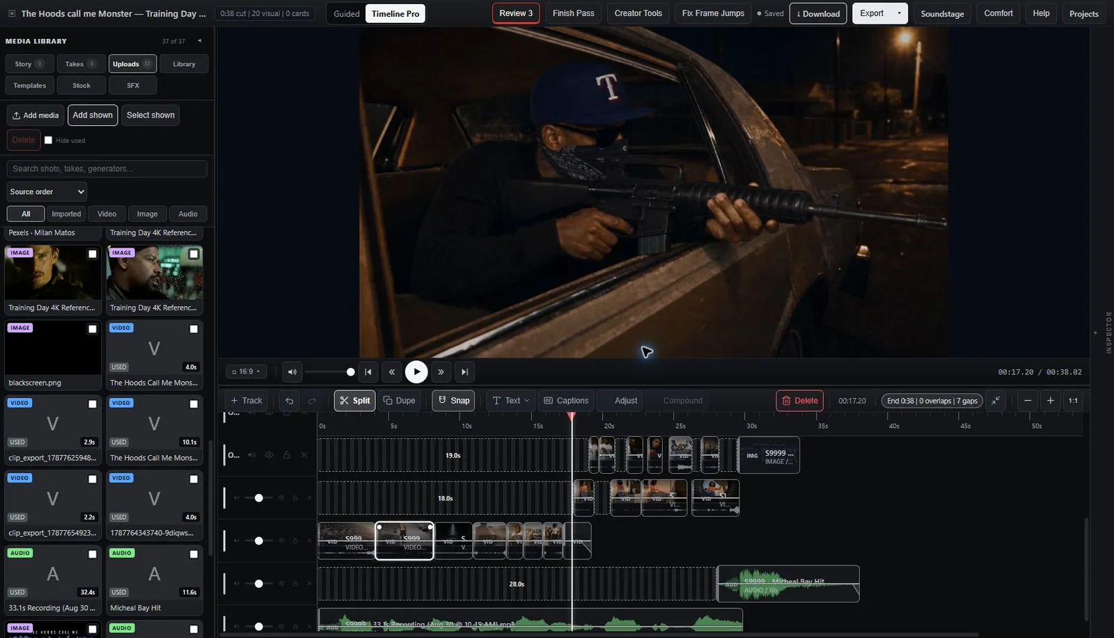 BlakBokz Final Editor showing The Hoods Call Me Monster in the program monitor and populated timeline